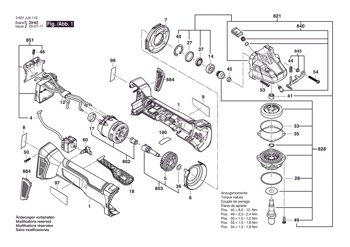 Figure 2 Diagram and Parts List for 3601JJ4112 GWS18V-10PN Bosch Angle Grinder
