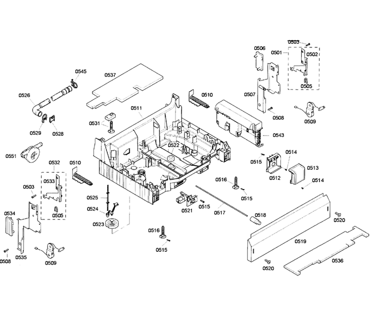 Base Assy Diagram and Parts List for SHE58C02UC 54 Bosch Dishwasher