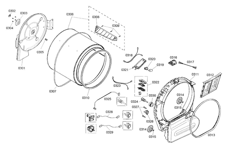 Drum Assy Diagram and Parts List for WTMC3321US 05 Bosch Dryer