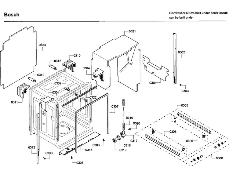 Frame Diagram and Parts List for SHE65P05UC 61 Bosch Dishwasher
