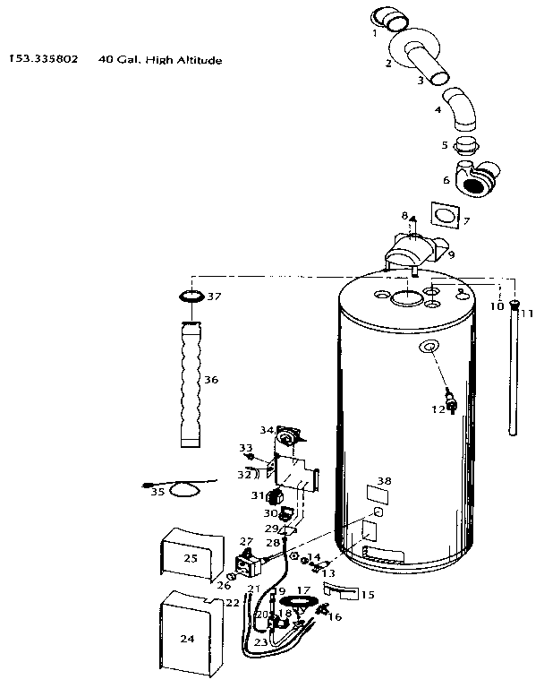 Replacement Parts Diagram and Parts List for 153335802  Kenmore Water Heater