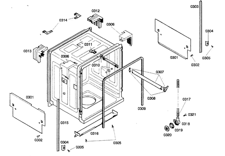 Cabinet Parts Diagram and Parts List for SHX33A05UC 21 Bosch Dishwasher