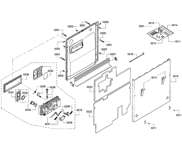 Door Assy Diagram and Parts List for SHV55R53UC 64 Bosch Dishwasher