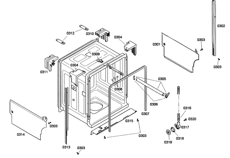 Cabinet Diagram and Parts List for SHE44C02UC 48 Bosch Dishwasher