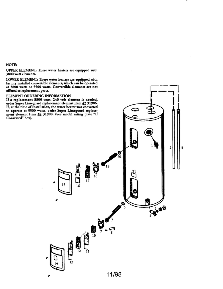 30 Gallon Electric Water Heater Diagram and Parts List for 153316352  Kenmore Water Heater