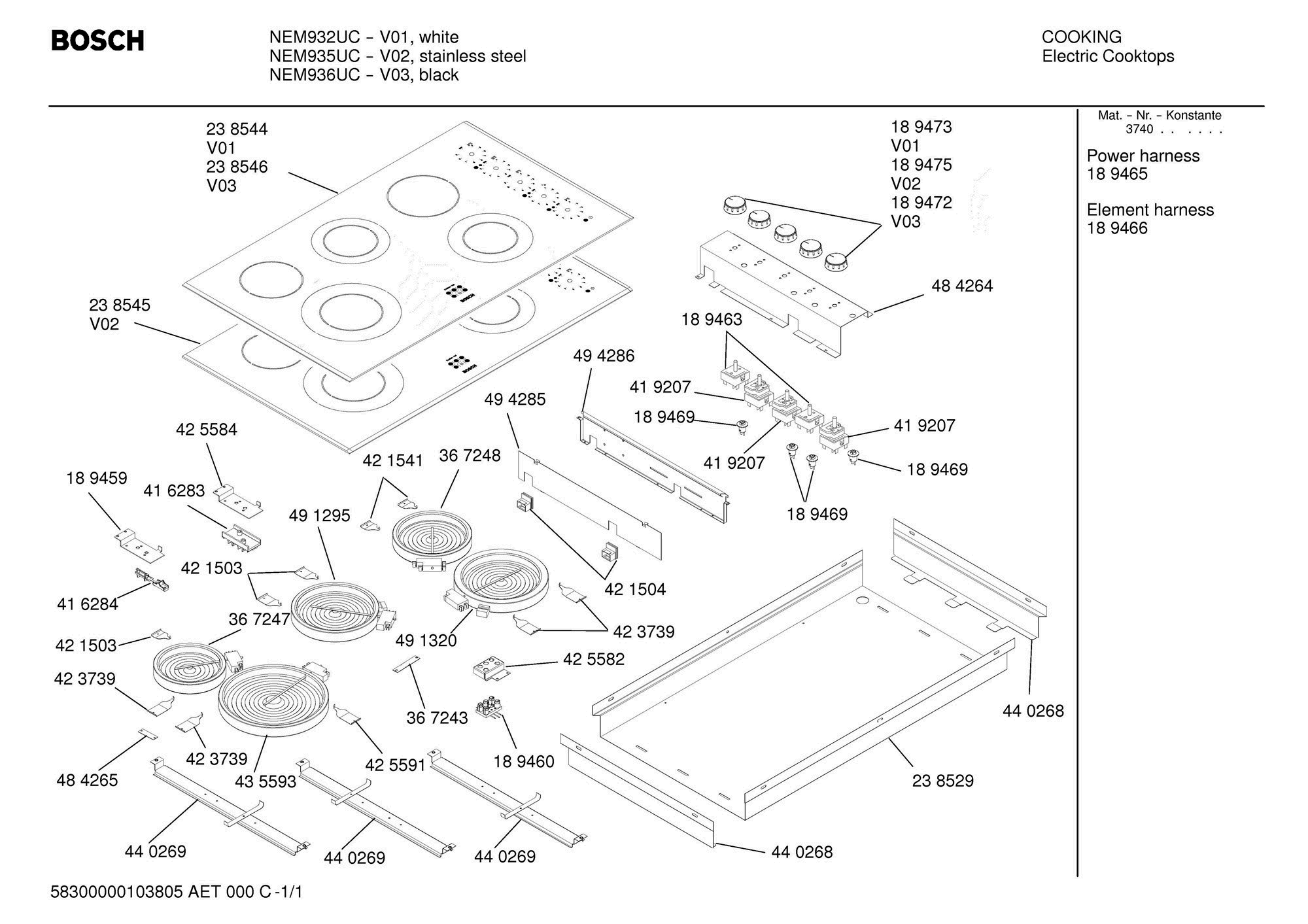 01 - COMPLETE Diagram and Parts List for NEM932UC  Bosch Cooktop