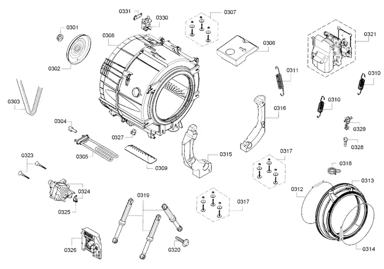 Tub/drum Diagram and Parts List for WAT28401UC 01 Bosch Washer