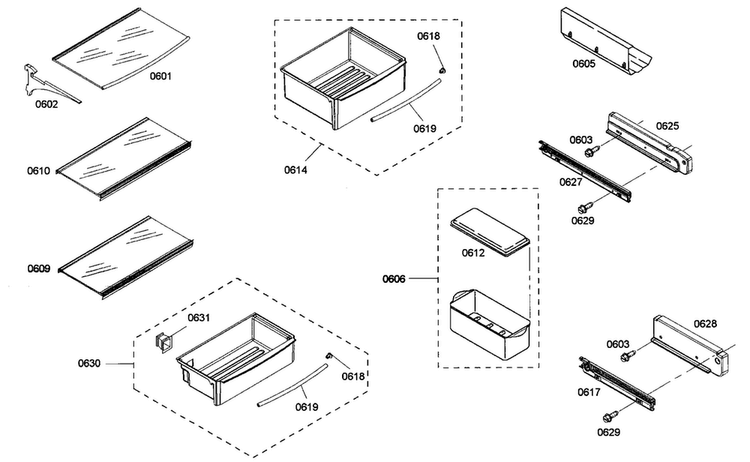 Shelf Assy 1 Diagram and Parts List for KBUIT4255E 01 Thermador Refrigerator