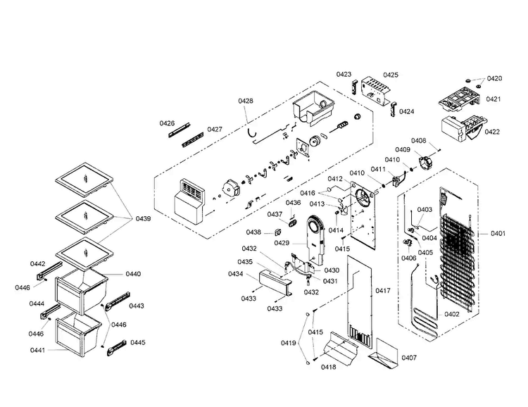 Evaporator/icemaker Diagram and Parts List for B20CS51SNW 02 Bosch Refrigerator