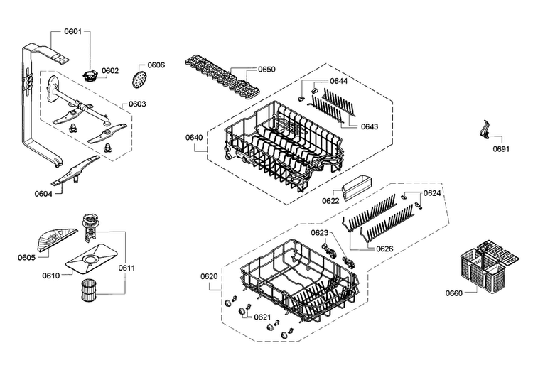 Rack Diagram and Parts List for SPE5ES55UC 30 Bosch Dishwasher