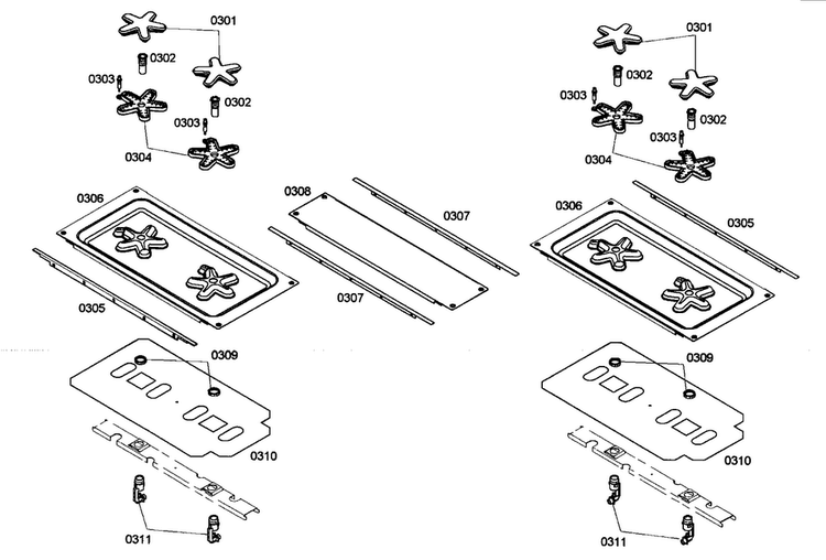 Burners Diagram and Parts List for PRL304EG04  Thermador Range