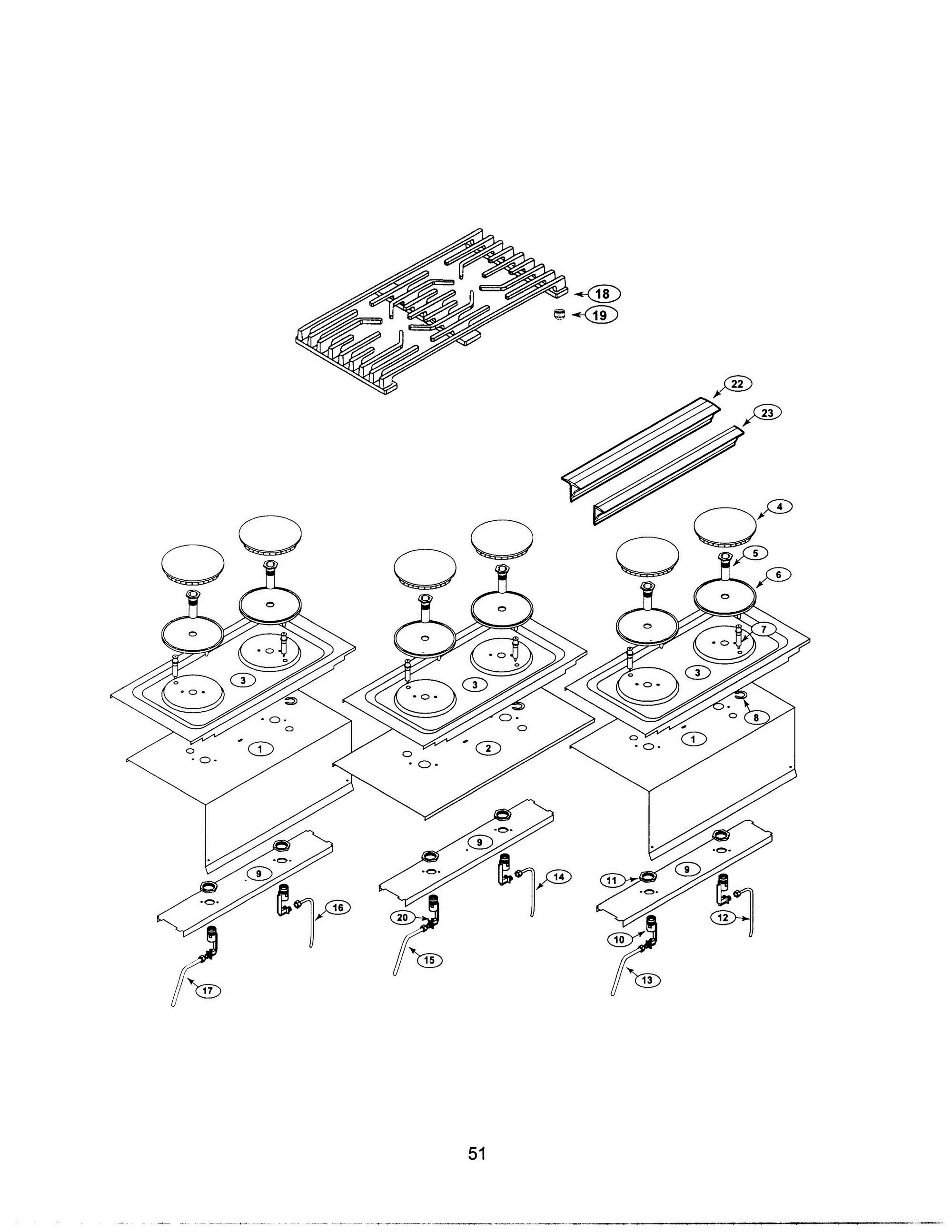 50 - BURNERS & GRATES Diagram and Parts List for PRG484GDUS  Bosch Range