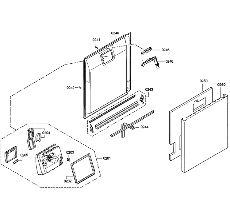 Door Assy Diagram and Parts List for SGE63E06UC 29 Bosch Dishwasher