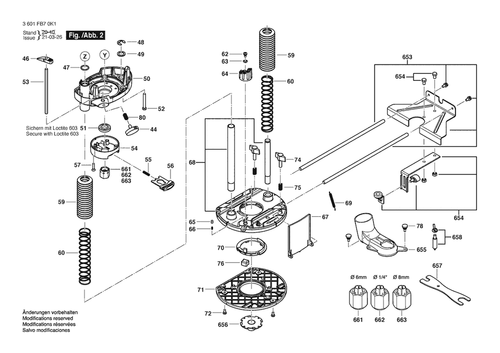Section 2 Diagram and Parts List for GOF13-25 3601FB7010 Bosch Router