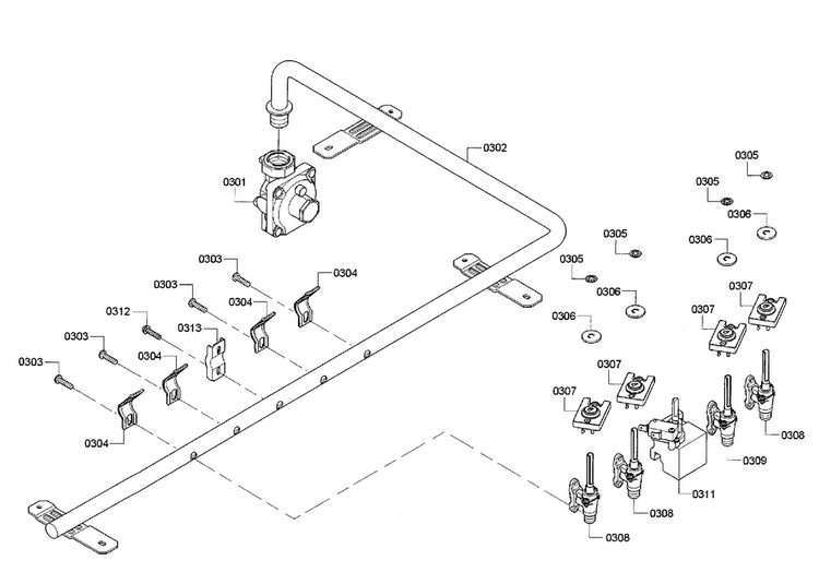 Manifold Diagram and Parts List for NGMP655UC 01 Bosch Cooktop
