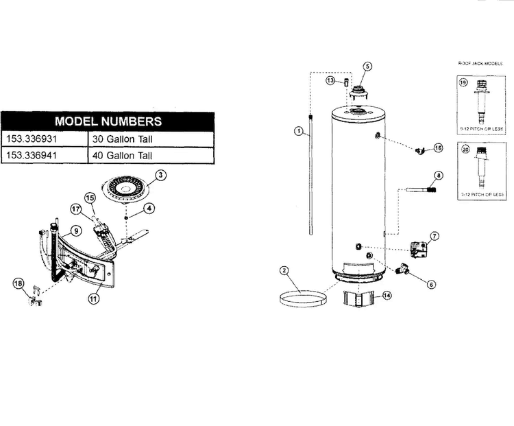 Main Assy Diagram and Parts List for 153336941  Kenmore Water Heater
