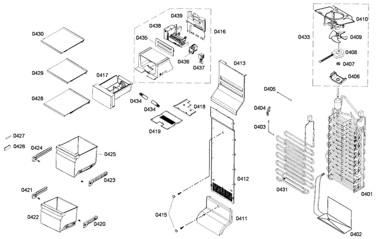Freezer Assy Diagram and Parts List for B22CS30SNS 01 Bosch Refrigerator