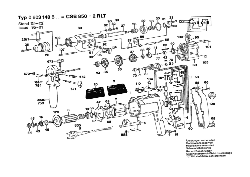 Section 1 Diagram and Parts List for CSB800-2RLT 0603148803 Bosch Hammer Drill
