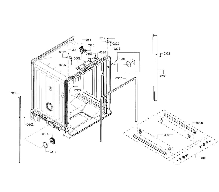 Cabinet Diagram and Parts List for SHE4AP06UC 06 Bosch Dishwasher