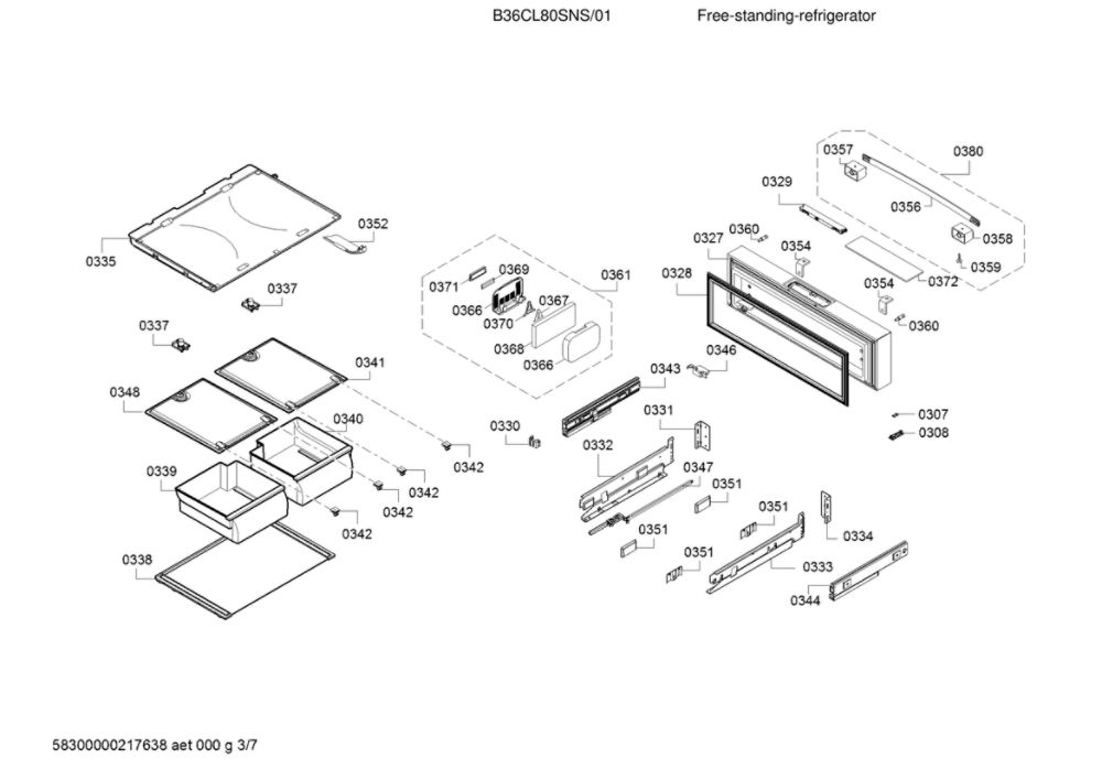 Refrigerator Drawers Diagram and Parts List for B36CL80SNS 01 Bosch Refrigerator