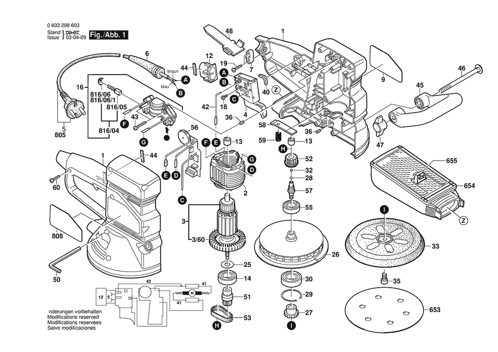 Section 1 Diagram and Parts List for PEX420AE 0603298634 Bosch Orbital or Palm Sander