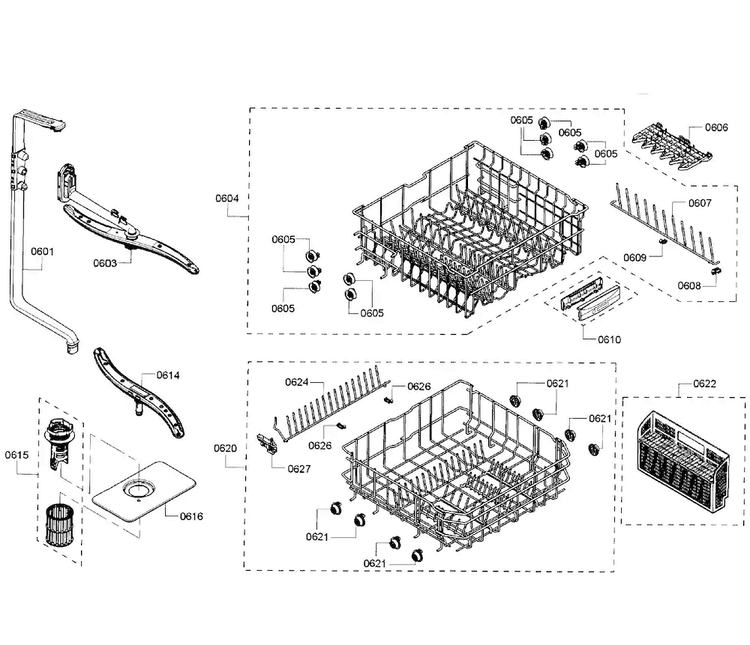 Baskets Diagram and Parts List for SHE3AR72UC 08 Bosch Dishwasher