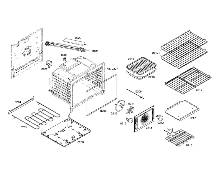 Cabinet/burner/racks Diagram and Parts List for HEI7032U 02 Bosch Range