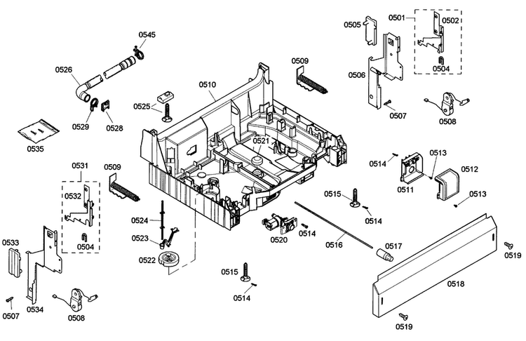 Base Assy Diagram and Parts List for SHE43M02UC 50 Bosch Dishwasher