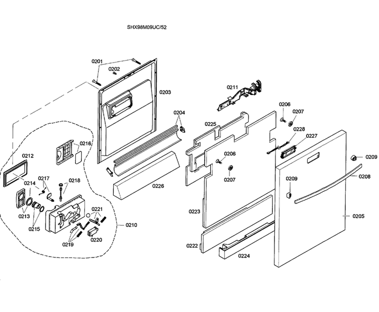 Door Assy Diagram and Parts List for SHX98M09UC 52 Bosch Dishwasher