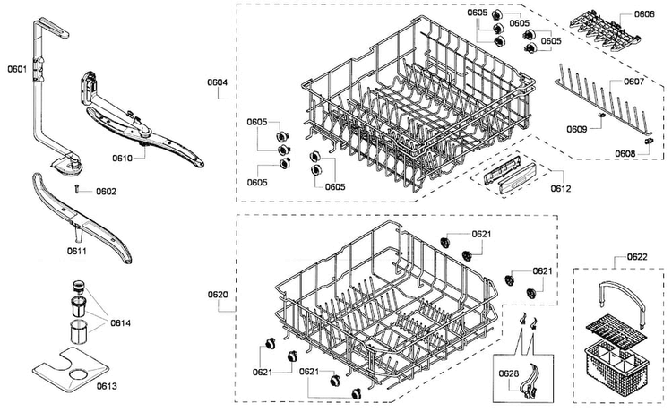 Baskets Diagram and Parts List for SHE43F12UC 60 Bosch Dishwasher