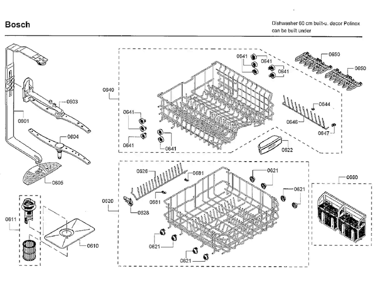 Rack Diagram and Parts List for SHE3ARF6UC 22 Bosch Dishwasher