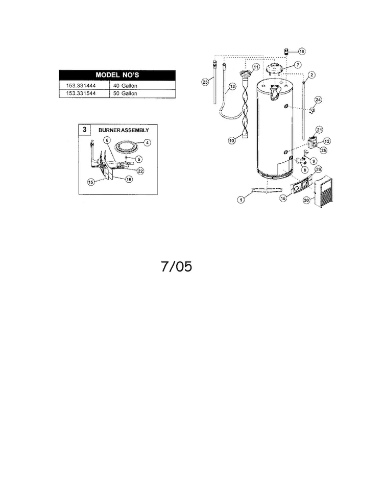 Water Heater Diagram and Parts List for 153331544  Kenmore Water Heater