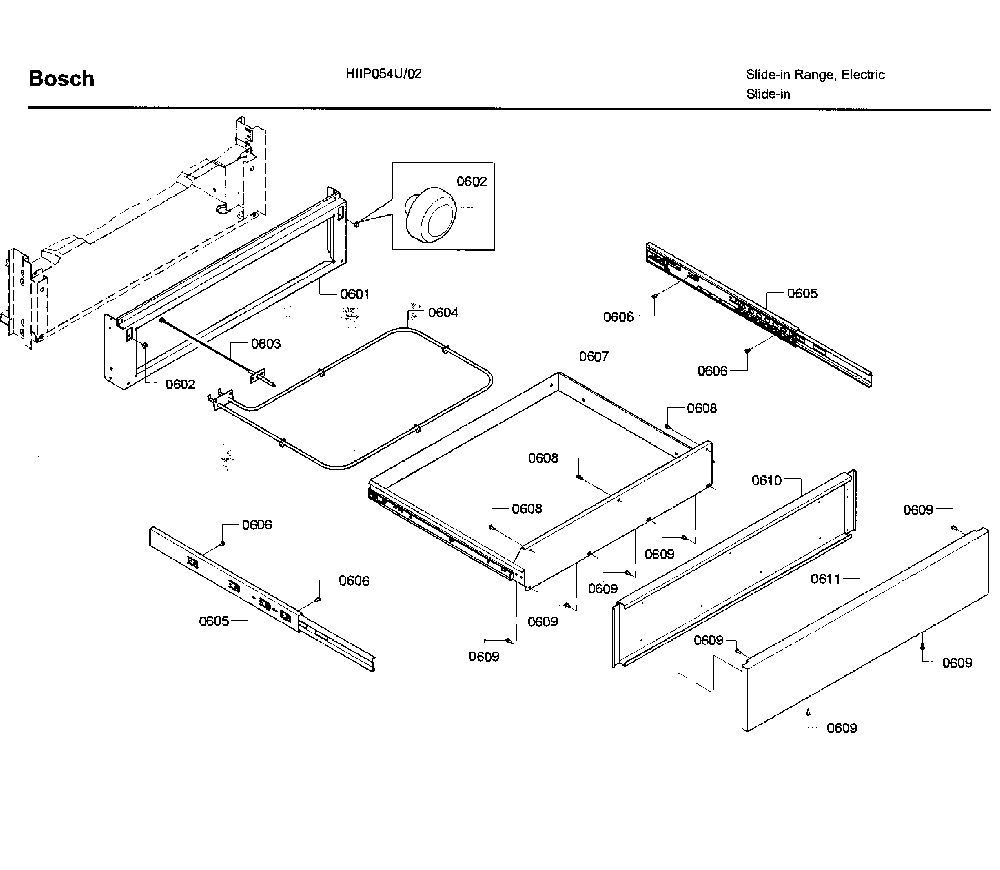 Drawer Diagram and Parts List for HIIP054U 02 Bosch Range