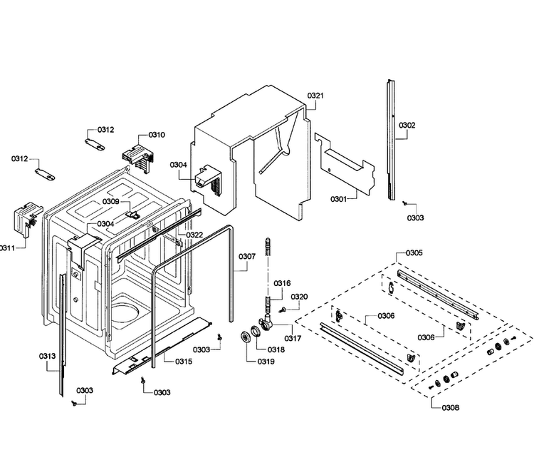 Cabinet Diagram and Parts List for SHE43P06UC 64 Bosch Dishwasher