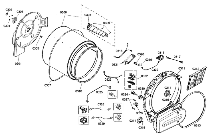 Drum Assy Diagram and Parts List for WTMC332RUS 05 Bosch Dryer