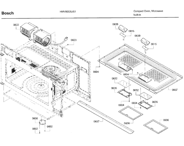 Motor Diagram and Parts List for HMV8053U 01 Bosch Microwave