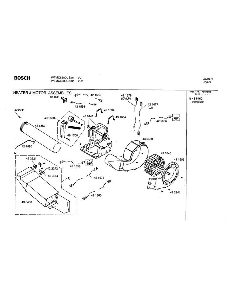 Heater And Motor Assemblies Diagram and Parts List for WTMC6300US 01 Bosch Dryer