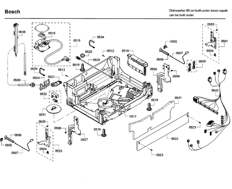 Base Diagram and Parts List for SHE53T52UC 09 Bosch Dishwasher