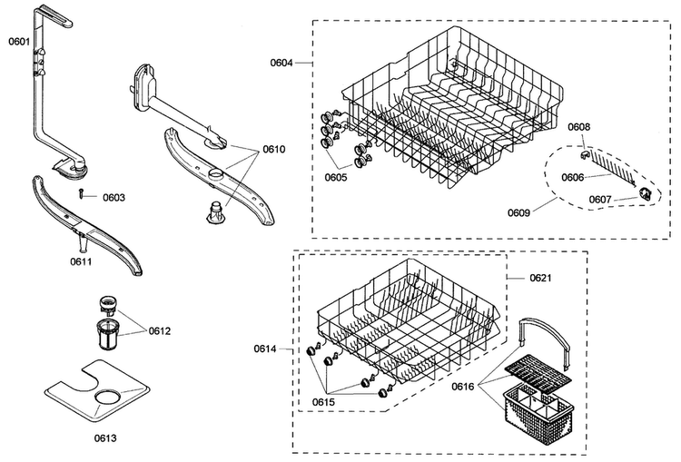 Baskets Diagram and Parts List for SHE42L12UC 22 Bosch Dishwasher