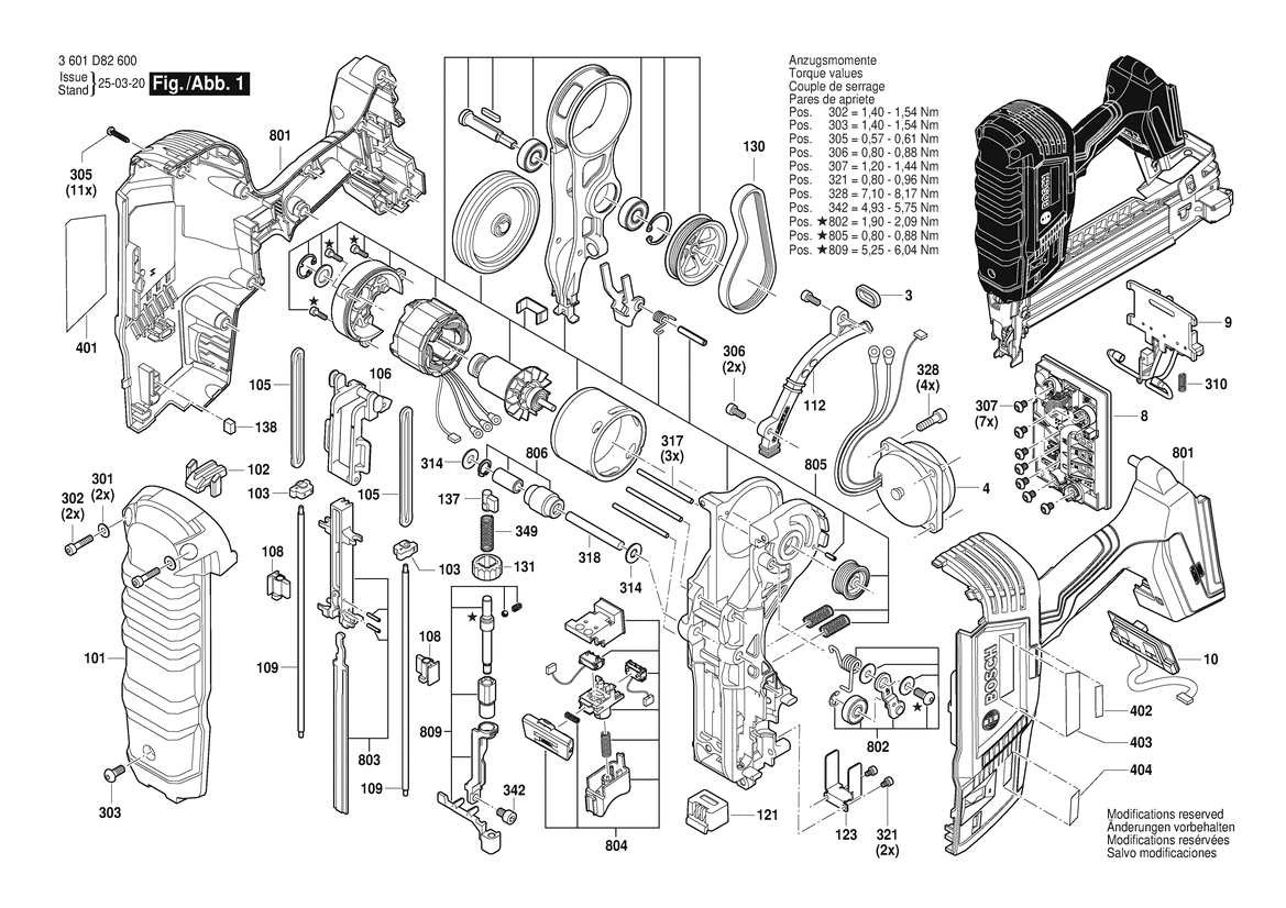 Figure 1 Diagram and Parts List for 3601D82610 GTH18V-50M Bosch Nailer