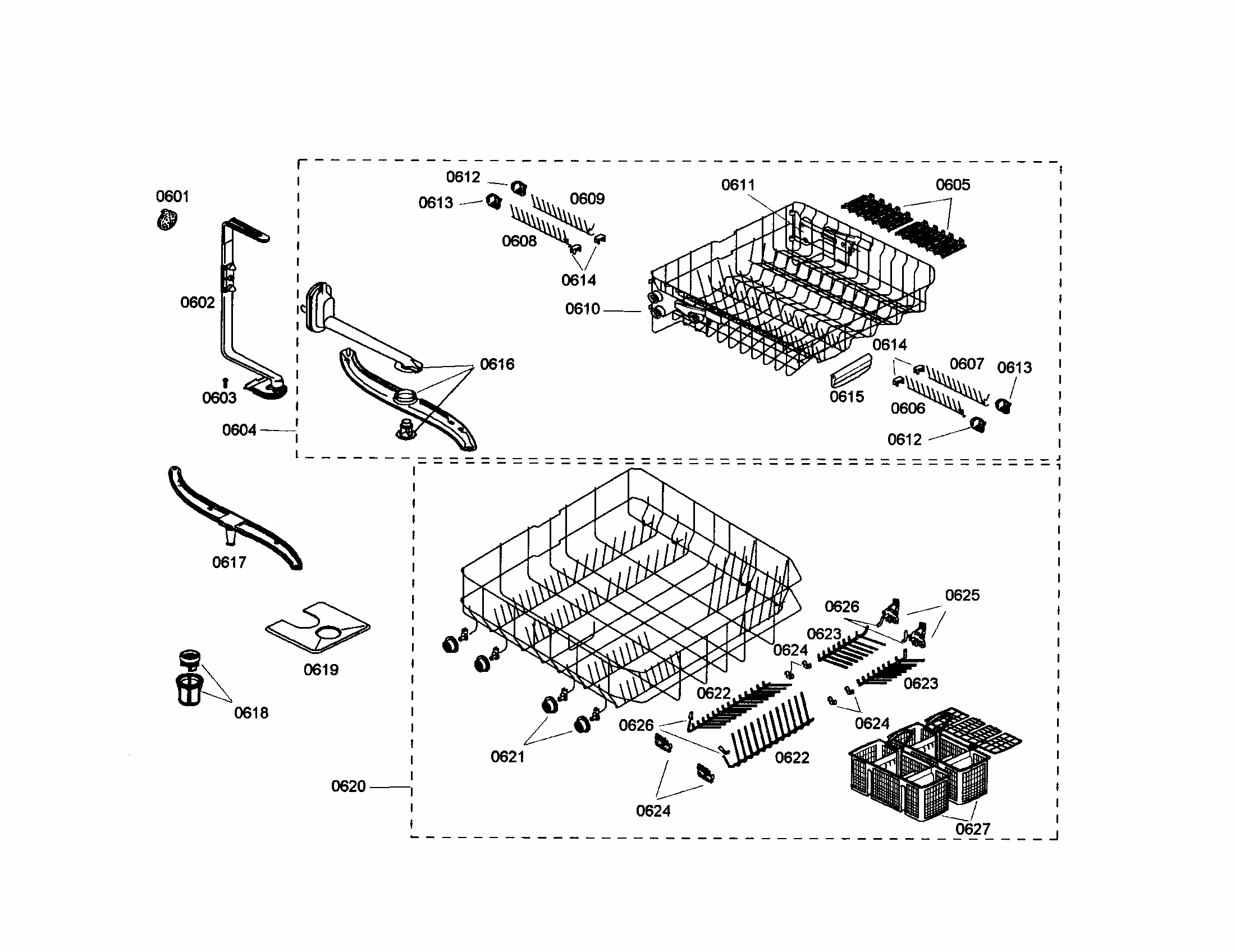 Racks/spray Arm Diagram and Parts List for S35KMK17UC 18 Bosch Dishwasher