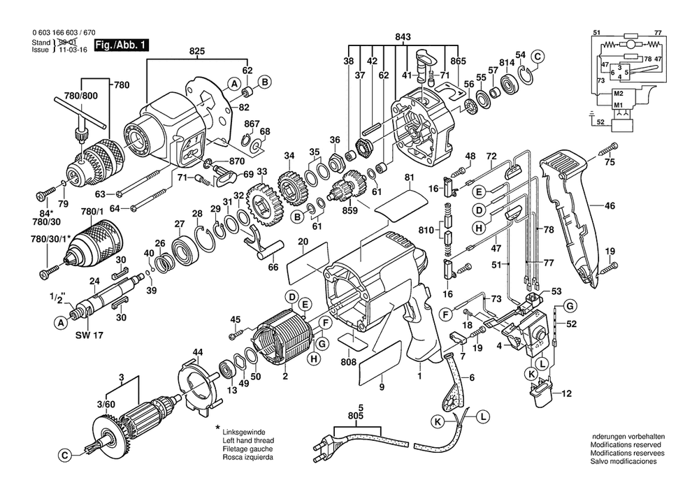 Section 1 Diagram and Parts List for CSB700-2RE 0603166680 Bosch Hammer Drill