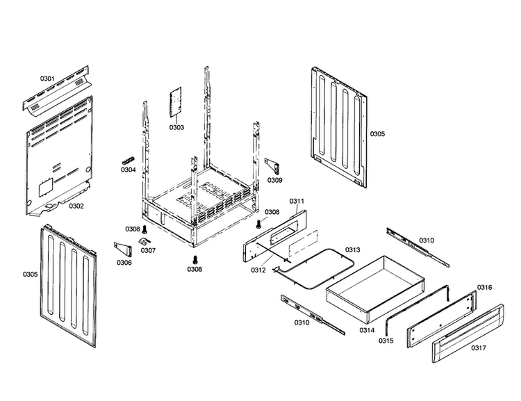 Side Panels/drawer Diagram and Parts List for HES7022U 01 Bosch Range