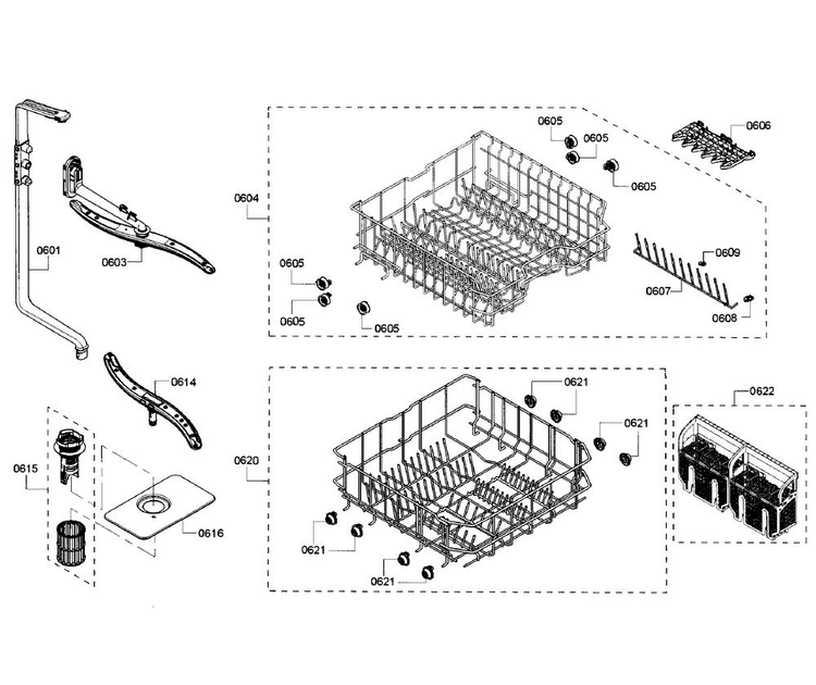 Baskets Diagram and Parts List for SHX3AR52UC 18 Bosch Dishwasher