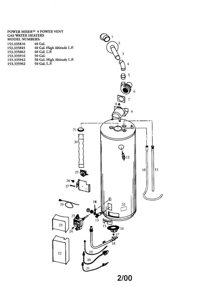 Water Heater Diagram and Parts List for 153335942  Kenmore Water Heater