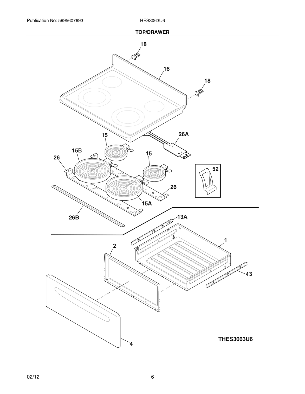Top/Drawer Diagram and Parts List for HES3063U6  Bosch Range