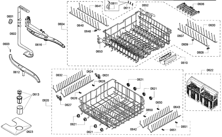 Baskets Assy Diagram and Parts List for DWHD630GCP 53 Thermador Dishwasher