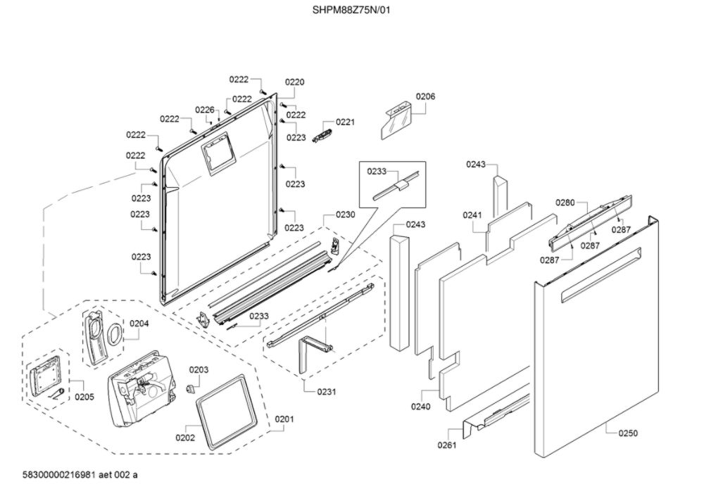 Door/Dispenser Diagram and Parts List for SHPM88Z75N 01 Bosch Dishwasher