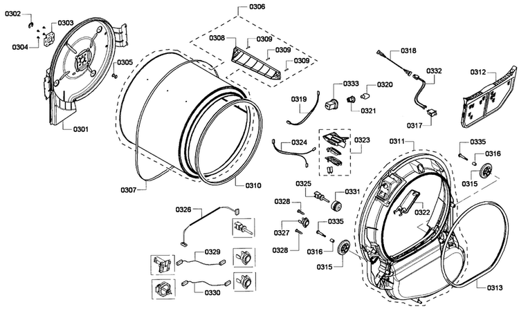 Drum Assy Diagram and Parts List for WTVC533SUS 09 Bosch Dryer