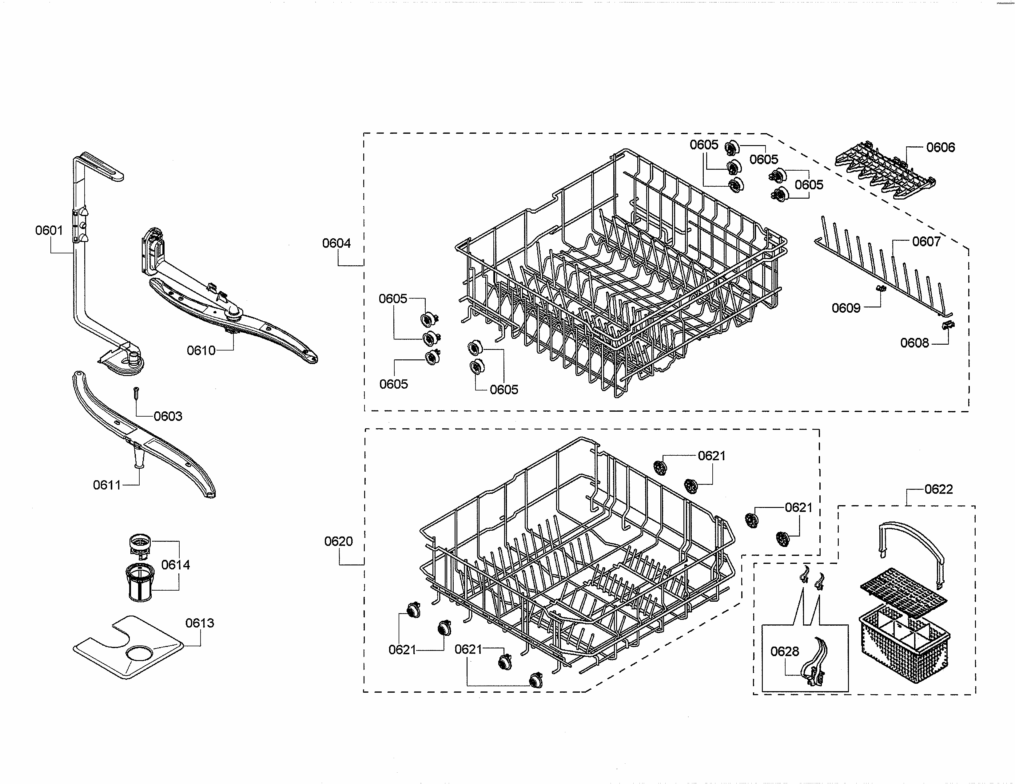 Racks/spray Arm Diagram and Parts List for S35KMK35UC 64 Bosch Dishwasher